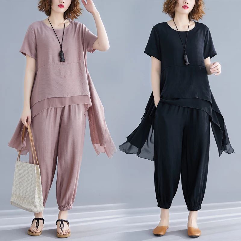 

#0805 Summer Asymmetrical Long Tees Short Sleeve Harem Pants Cotton Linen Casual Loose Outfits Ladies Vintage 2 Piece Sets China
