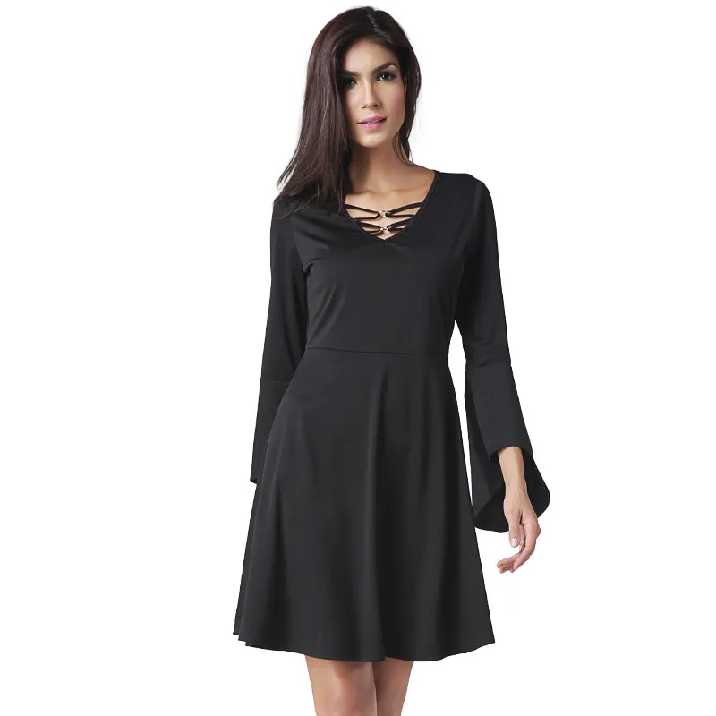 2017 Платья для женщин на лето и весну длинными расклешенными рукавами черные