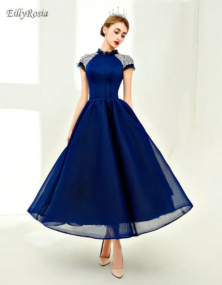 

Vintage Dark Blue Prom Dresses for Party High Neck Crystals Beading Special Occasion Formal Dress Women Elegant robe de soire