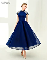 vintage dark blue prom dresses for party high neck crystals beading special occasion formal dress women elegant robe de soire