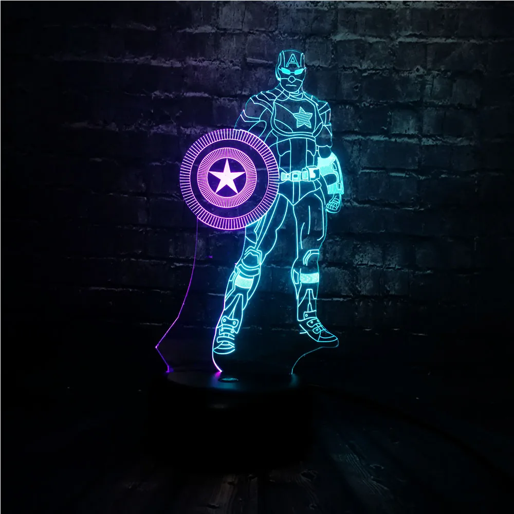 Блеск 3D Marvel Super Hero Captain America LED смешанный 7 цветов USB зарядка Декор для спальни
