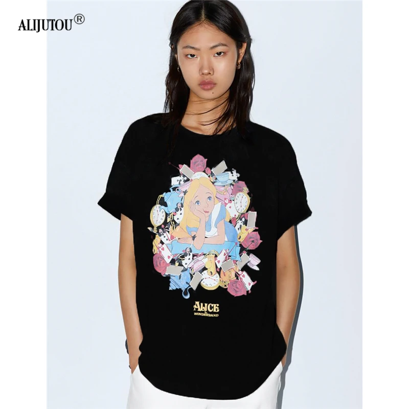 Alice/модная черная футболка женская летняя хлопковая с короткими рукавами и