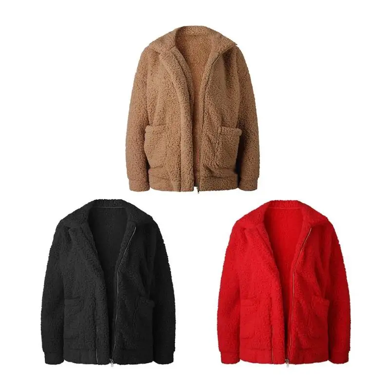 Модное женское зимнее теплое пальто из искусственной шерсти с отворотом и