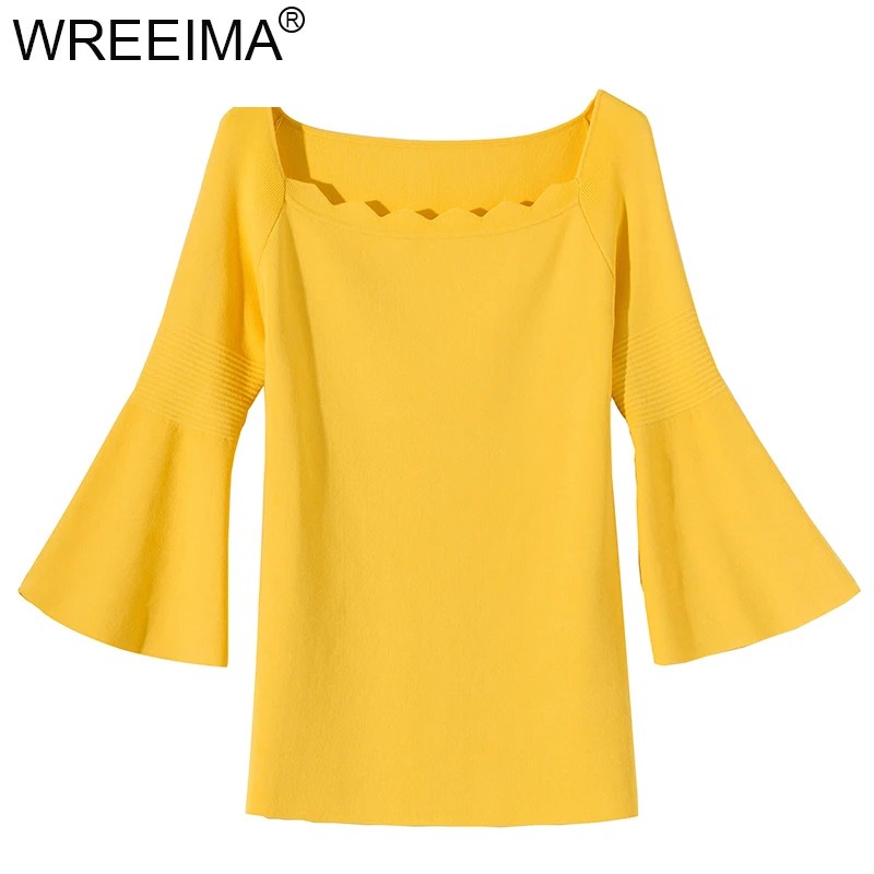 Elegant Women's New Three Quarter Sleeves Flared Sleeve Slim Knit Blouse Solid Yellow Tops C303 |