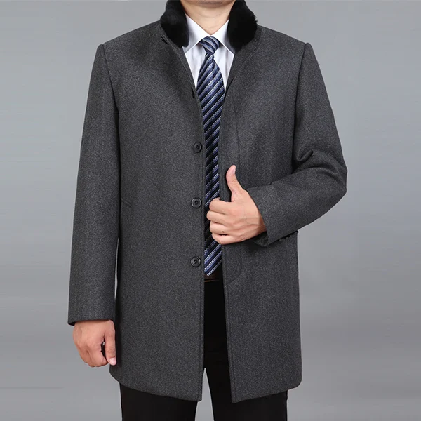 Dark Grey Высокое Качество Мужское Пальто Из Мериносовой Шерсти Шерстяное Длинное Пальто С Меховым Воротником Кролика Пальто Мужское Зимнее Из Шерсти Зимняя Шерстяная Одежда M-4XL - Цвет: Dark Grey