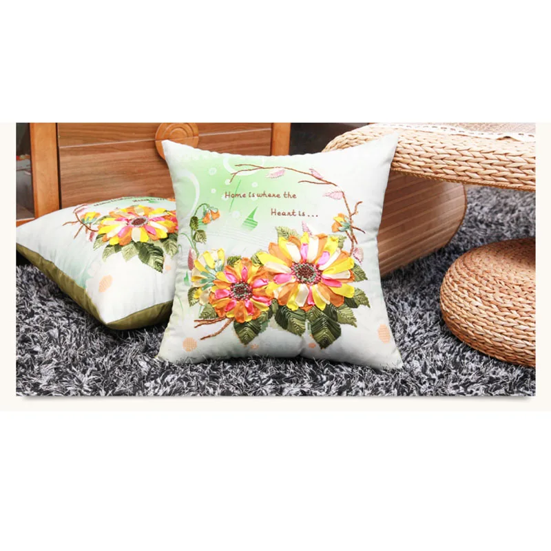 3D daisy flower Ribbons embroidery kit car pillow cover set handcraft DIY handmade cross stitch needlework art gift home decorat | Дом и сад