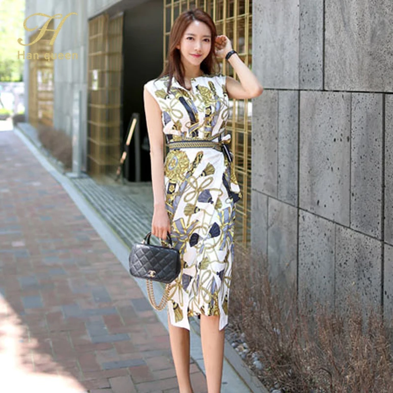 H Han Queen OL Summer Vintage Pencil Bodycon Dress Women New Printed Sheath Dresses Retro Bow Bandage Slim Casual Vestidos