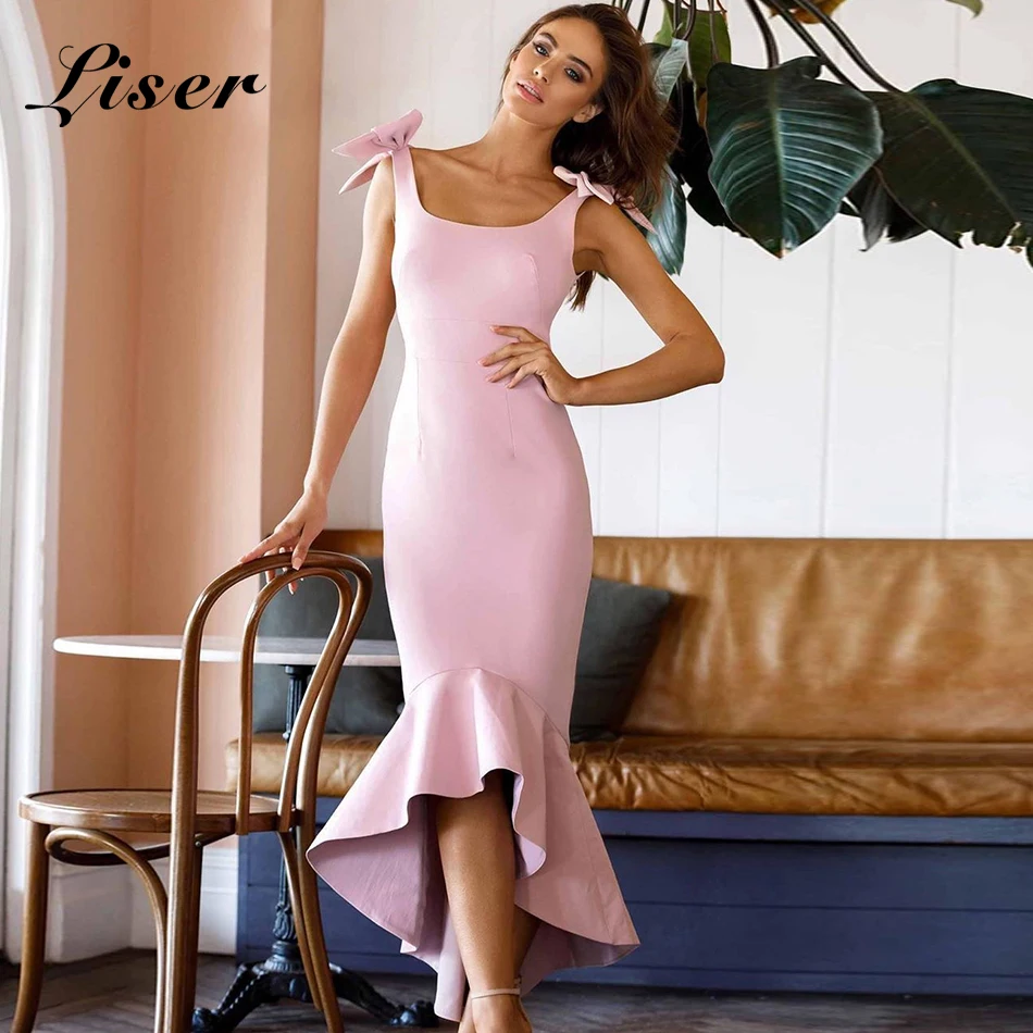 Женское Бандажное платье Liser розовое облегающее с квадратным вырезом для