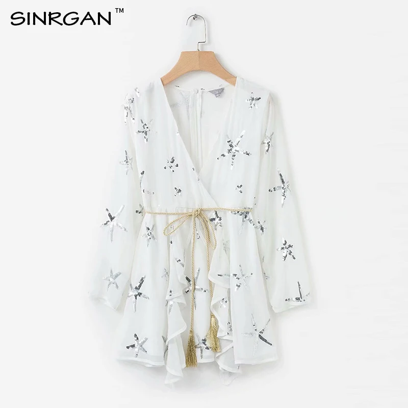 SINRGAN Весна Осень Платье V-образным Вырезом Талия Морская звезда Блестки