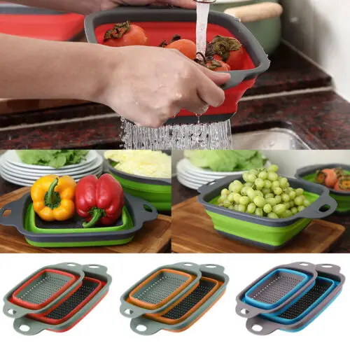 

2Pcs Silicone Collapsible Colander Fruit Vegetable Draining Strainer Basket