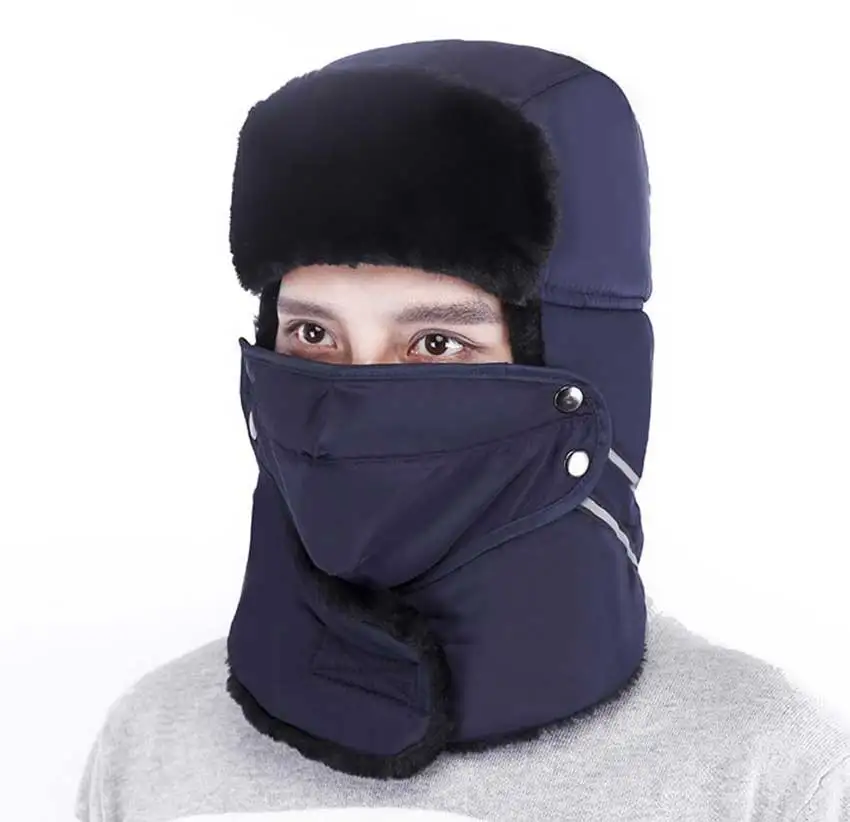 Navy Blue Русские шапки-бомберы для женщин и мужчин, зимняя ветрозащитная Лыжная шапка с ушками и маской, теплые шапки, шапка охотника, охотников - Цвет: Navy Blue