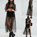 Женское сексуальное черное прозрачное Сетчатое платье-накидка с коротким рукавом Прозрачное платье макси Тюлевое кружевное длинное платье