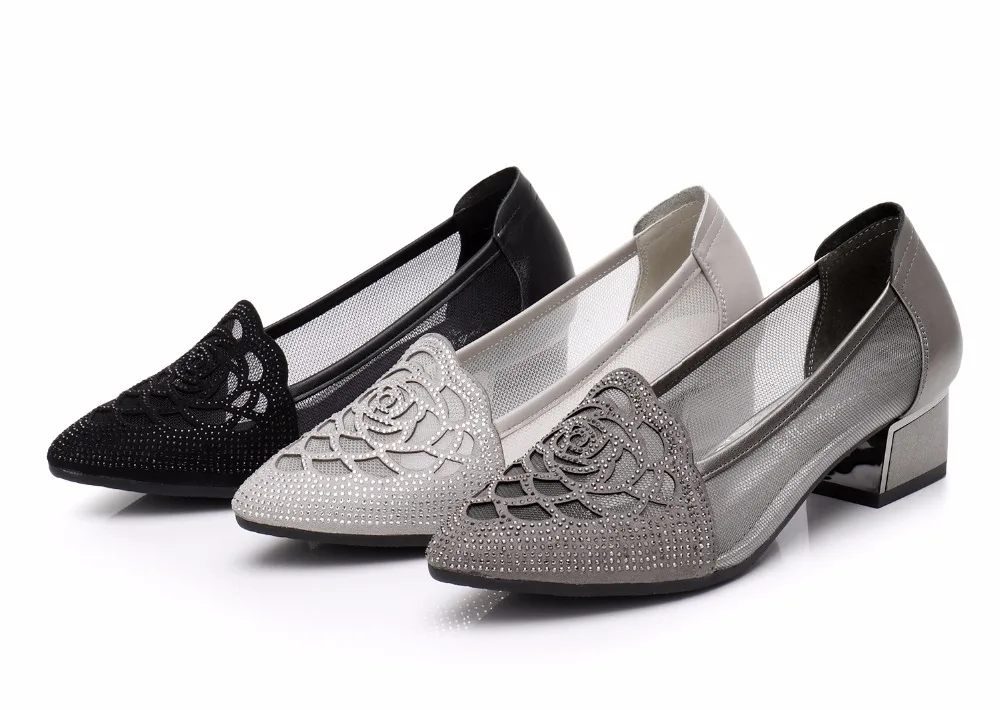 

GKTINOO Rhinestone Pointed Toe Gauze Pumps Women Shoes Genuine Leather Comfortable High Heels Shoes Big Size 35-42