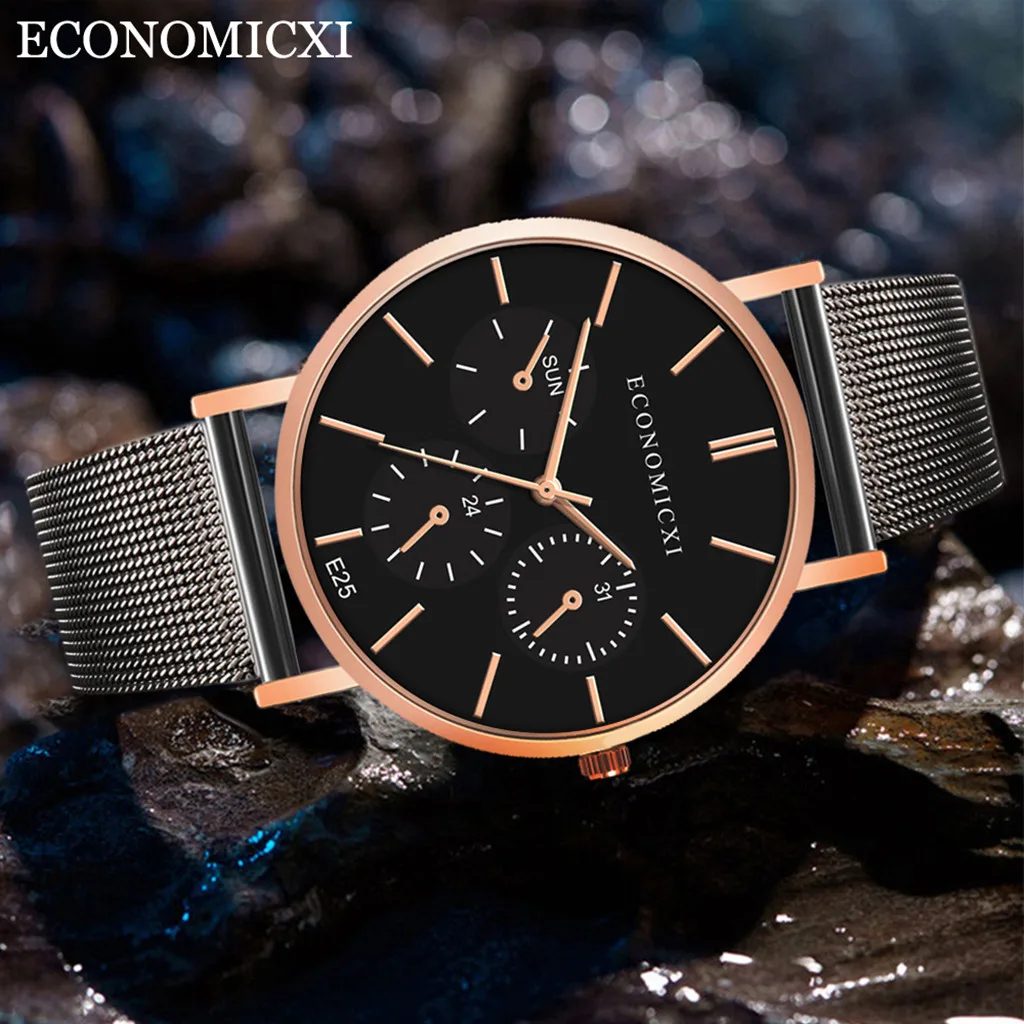 Мужские модные часы reloj hombre, простые часы из нержавеющей стали с тремя глазами, маленький циферблат, мужские кварцевые часы