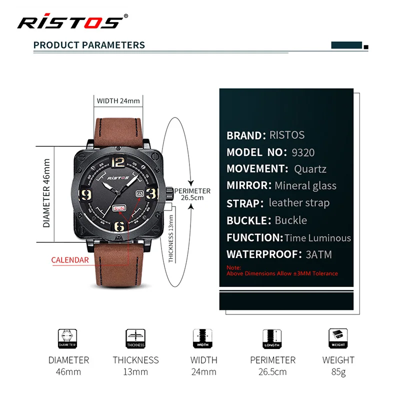 RISTOS Мужские кварцевые военные часы Экстремальные виды спорта натуральная кожа
