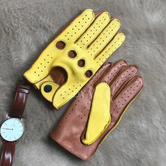 yellow brown red Осенние и зимние мужские перчатки из натуральной кожи новые модные брендовые Осенние Теплые Перчатки без Подкладки перчатки из сафьяна - Цвет: yellow brown red