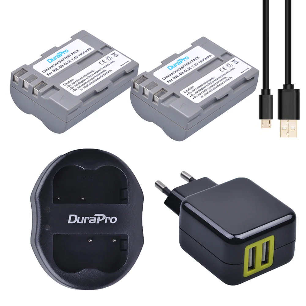 

Аккумулятор DuraPro EN-EL3E en el3e 2 шт. + двойное зарядное устройство USB + адаптер переменного тока для камеры Nikon D70 D70S D80 D90 D100 D200 D300 D300S D700