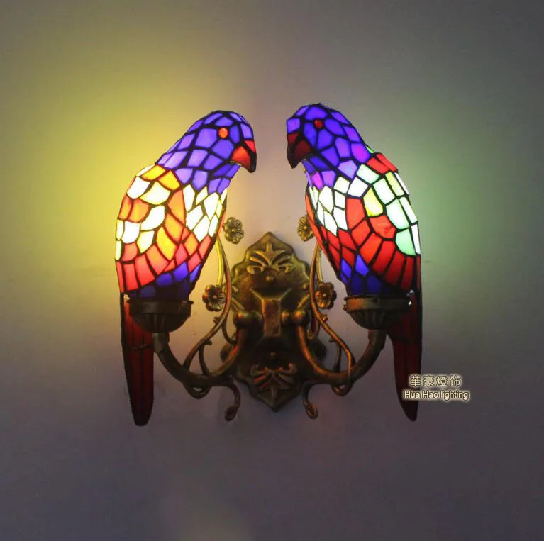 Роскошный настенный ретро-светильник в пасторальном стиле Тиффани с птицами