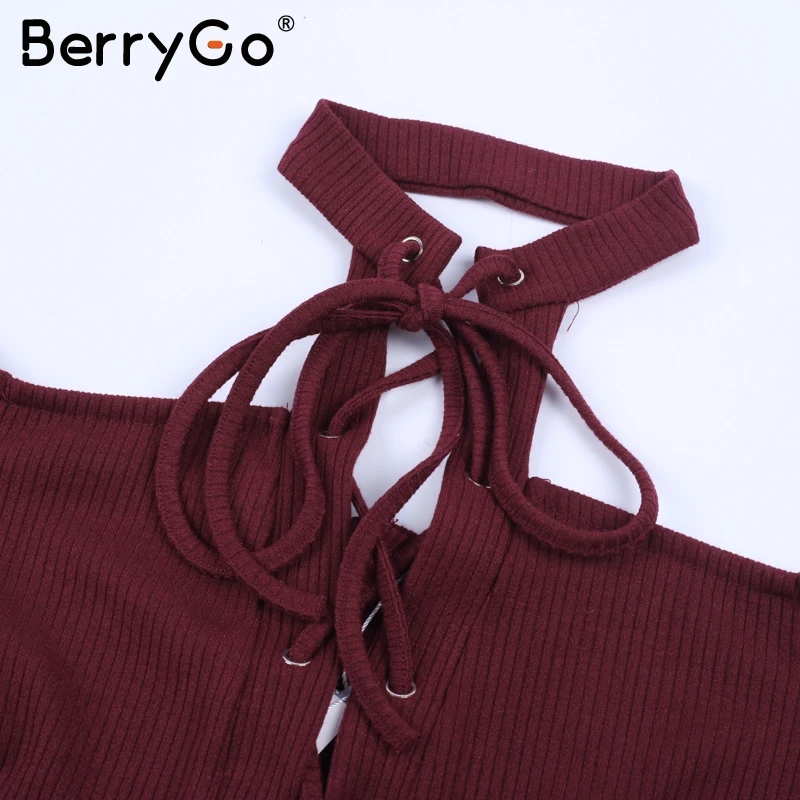 BerryGo, Холтер, на шнуровке, вязаный свитер, платье, женское, с открытыми плечами, облегающее платье, Осень-зима, элегантное, Открытое платье, vestidos