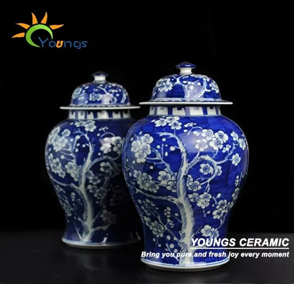 Qing KangXi Античная китайская синяя белая фарфоровая ледяная Слива керамическая ваза имбирь банка