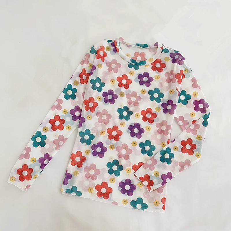 Летние женские кружевные блузки с цветочным принтом топы сексуальная сетчатая