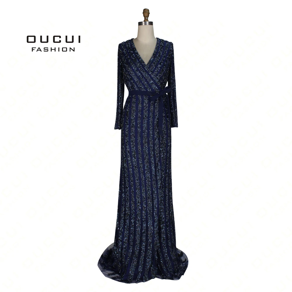 Robe de marie длинное вечернее платье ручной работы с бусинами элегантные вечерние платья с длинными рукавами синего цвета OL102933