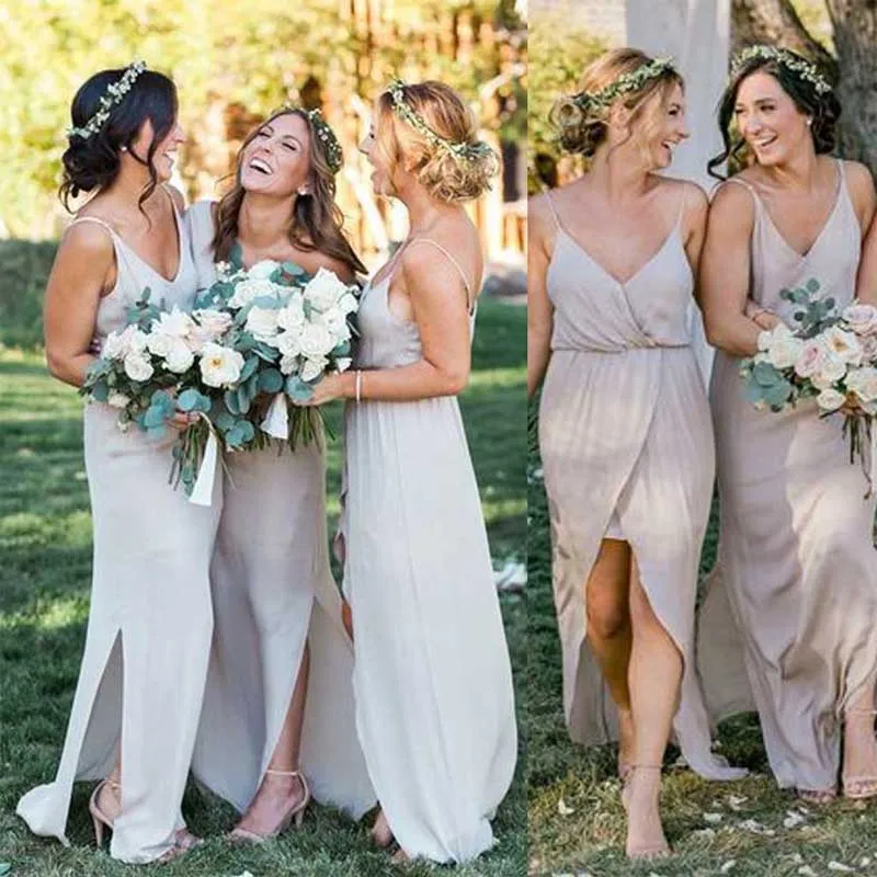 

Simple custom made cheap long silver chiffon v-neck high slit beach high sit wedding bridesmaid dresses women party dresses 2019