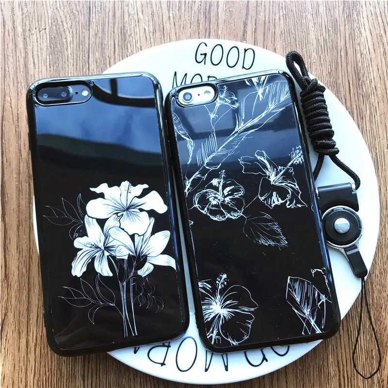 Fashion Mirror Flowers Phone Cases for iPhone 6 Case For Apple iphone 6S 7 Plus 6SPlus Coque IMD TPU Black Covers Capa Fundas |