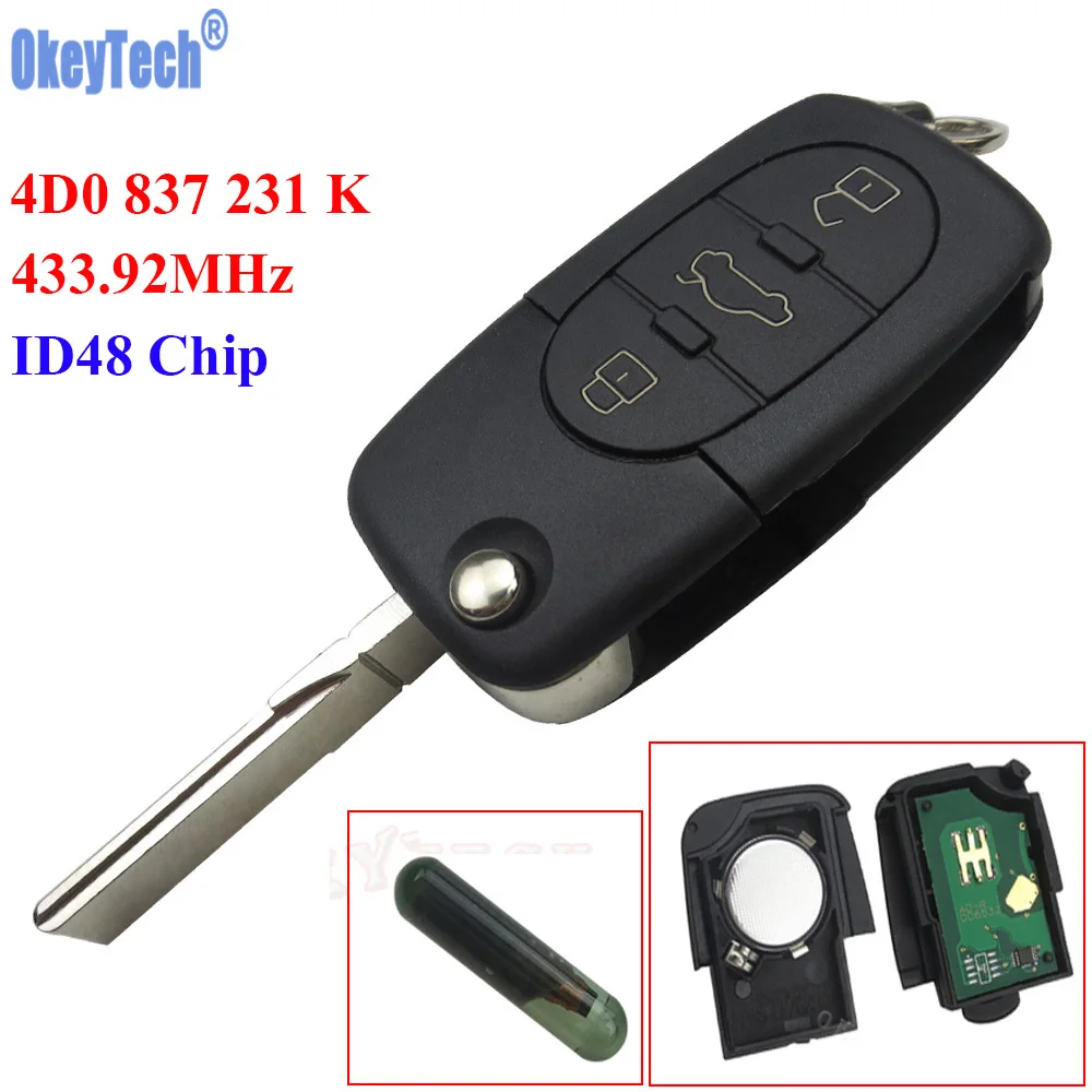 OkeyTech 433 МГц 3 кнопки дистанционный ключ вход Fob ID48 транспондер чип для Audi A6 TT старые