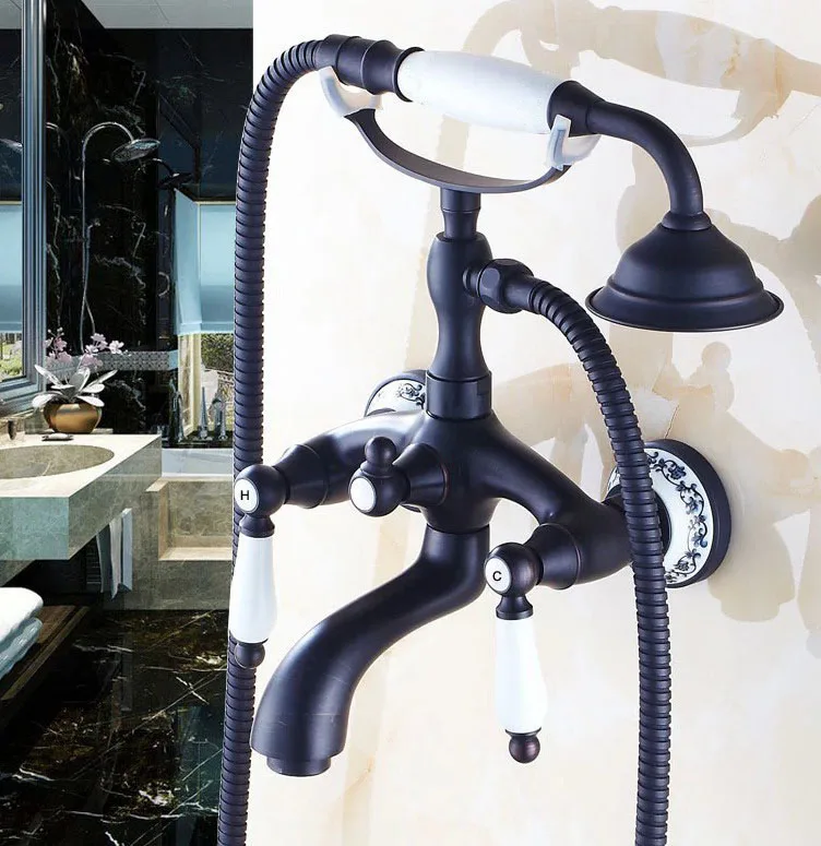 Черный латунный кран с двумя керамическими ручками настенный кран-Лапка для