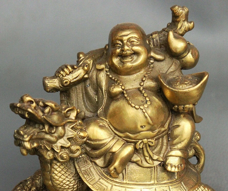 Китай латунь для богатства с юаньбао монетами Gourd Maitreya Будда езда статуя дракона