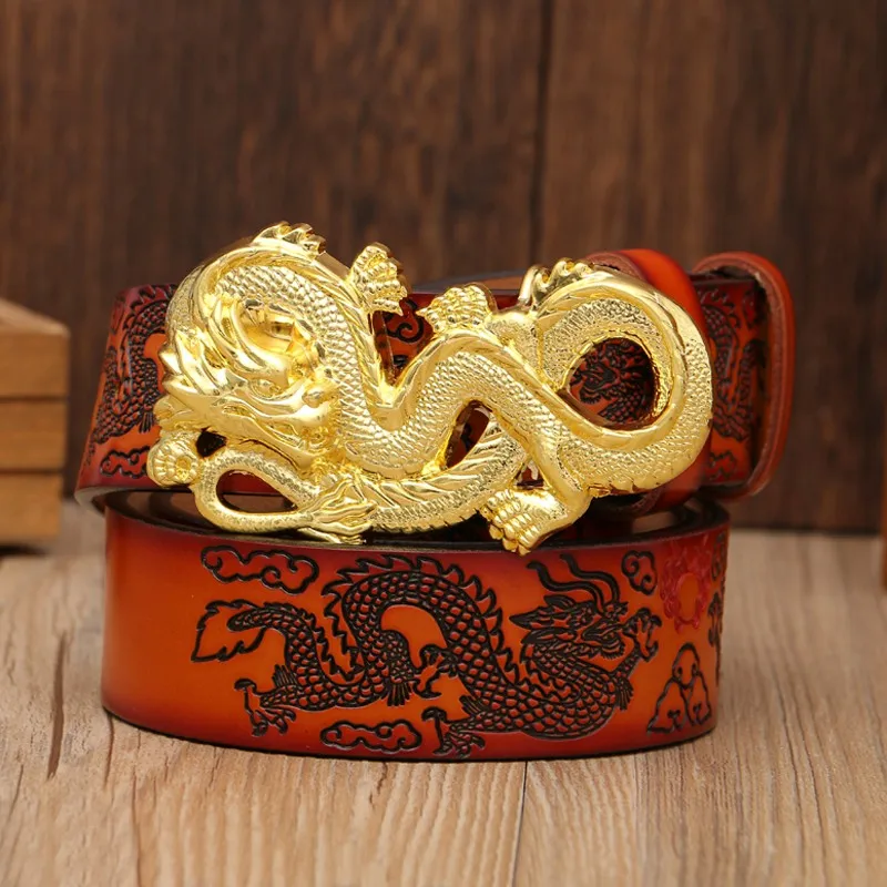 orange gold dragon Классический китайский дизайнерский ремень дракона мужской ремень из натуральной кожи коровья кожа мужской пояс коровья кожа Пряжка в виде дракона ковбойский стиль - Цвет: orange gold dragon