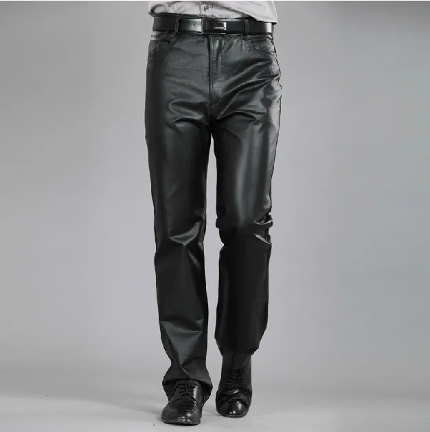 black add cotton Новинка, брюки из натуральной кожи размера плюс, мужские брендовые модные прямые брюки из овчины, мужские мотоциклетные брюки - Цвет: black add cotton