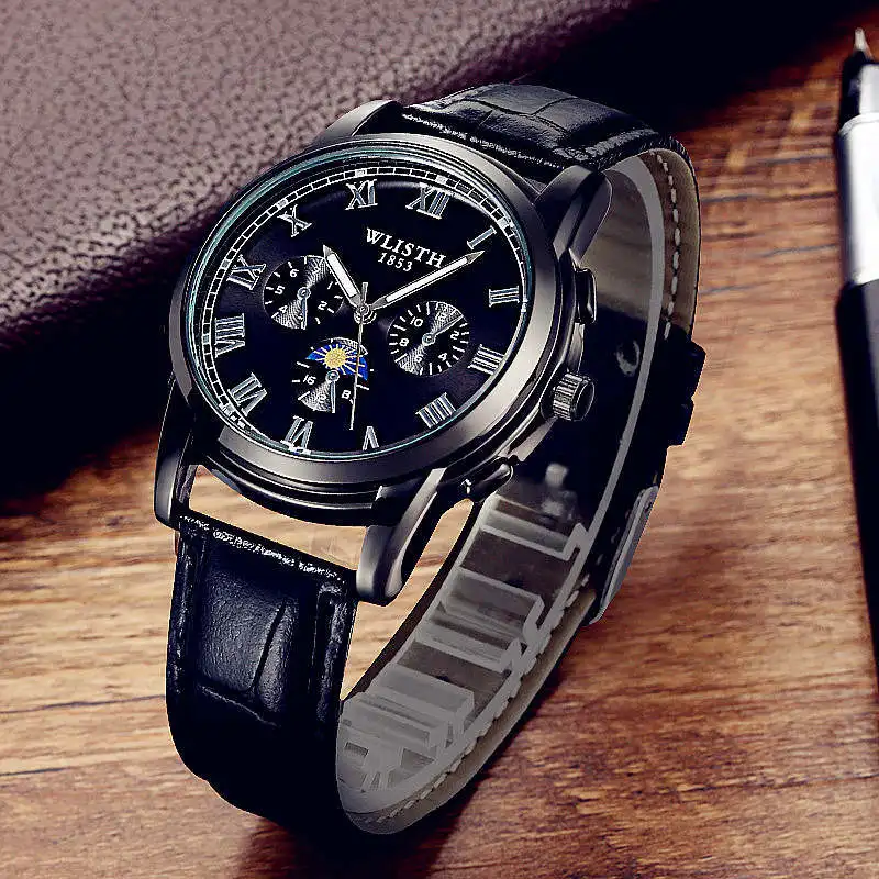 leather black black7 WLISTH мужские настольные спортивные светящиеся водонепроницаемые наручные часы для отдыха, мужские кожаные кварцевые часы Rolex_watch - Цвет: leather black black7