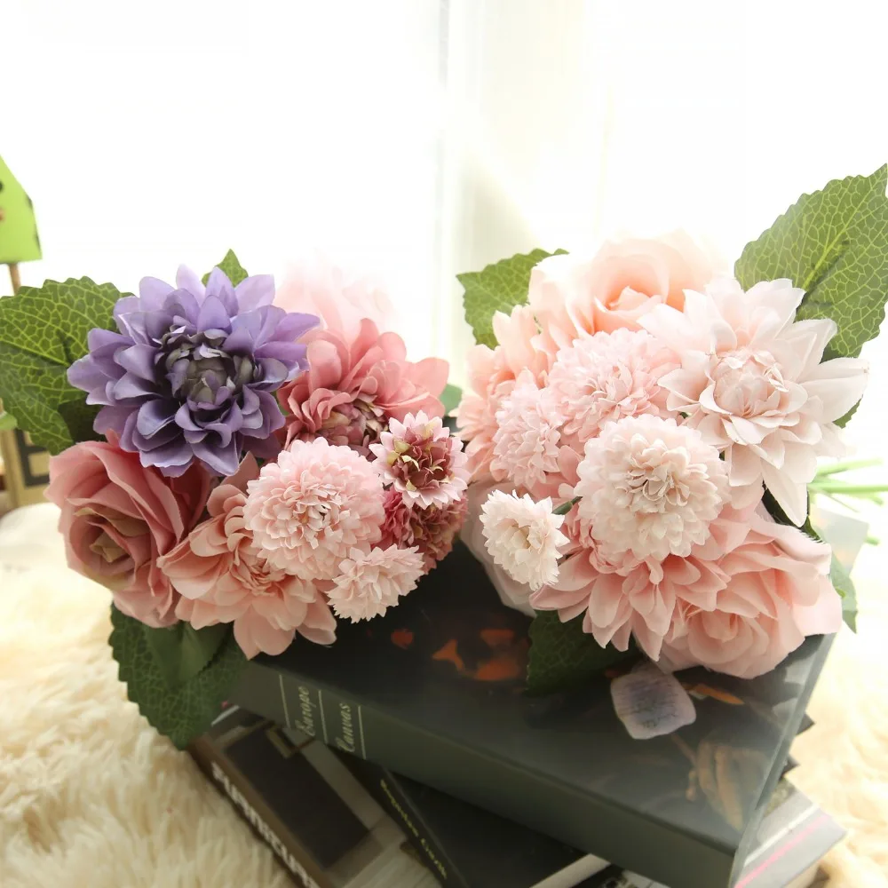 

7colors Silk Flower Roses Dahlia Hybrid Artificial Flowers for Wedding Decoration Bridal Bouquet Home Decor Fake Flower