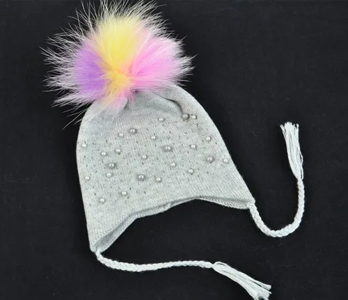 Light grey color fur Детская меховая шапка с помпонами, зимняя теплая, настоящий большой меховой шарик, шапка с тесьмой, Детская эластичная вязаная шапочка, шапки для мальчиков и девочек - Цвет: Light grey color fur
