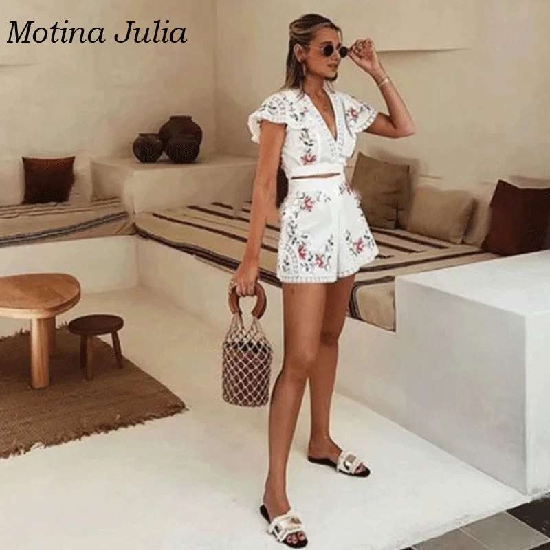 Motina Julia сексуальный кружевной комбинезон с цветочной вышивкой женский v образным