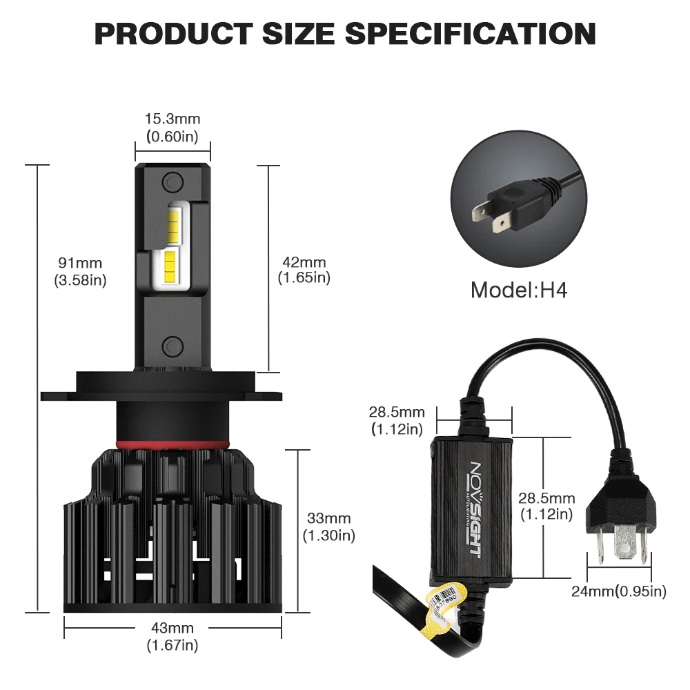 Novsight светодиодные лампы для автомобильных фар H7 H11 HB3/9005 HB4/9006 H4/9003/HB2/короче спереди и длиннее сзади) авто фары 6000 К белого Авто h7 светодиодные лампы светодиодный