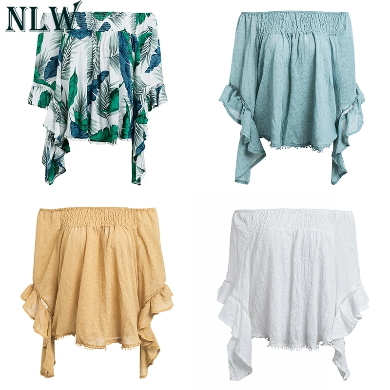NLW Palm Leaf Print Blouse Shirt Women Summer Off Shoulder Top Butterfly Long Sleeve Shirts 2018 Beach Casual Cloth |