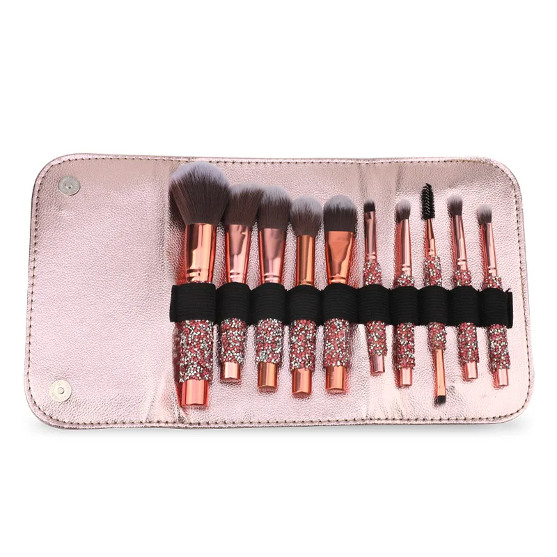 

10pcs soft synthetic hair diamond make up brush set high quality with coffee pu bag