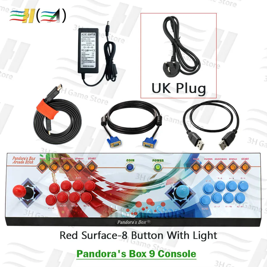 PDB9 red suiface UK Pandora Box 9 1500 В 1 8 кнопочная Консоль 2 игрока Pandora's box 5 plus аркадные игры контроллер HDMI VGA выход HD 720p ТВ - Цвет: PDB9 red suiface UK