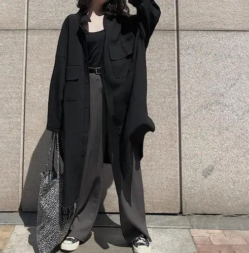 Черный long trench coat plus size single breasted shirt solid color big pockets women coats vintage abrigo largo mujer - Цвет: Черный