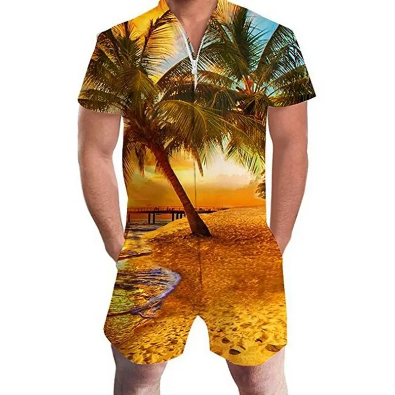 men rompers Гавайский пляжный мужской комбинезон с 3D-принтом кокосовой пальмы, Летний комбинезон с закатом, комбинезон для подвижных игр, цельный облегающий Мужской комплект - Цвет: men rompers