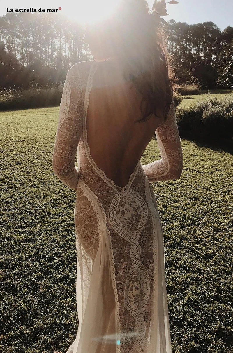 Vestidos de novia corte sirena новые кружевные Длинные рукава цвета слоновой кости пляжные свадебные платья в стиле бохо свадебные платья в стиле кантри trouwju