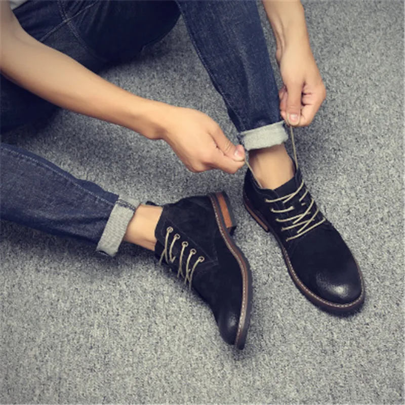 Мужские ботинки зима натуральная кожа короткие ботинки британский стиль обувь каблук рабочие ботинки короткие сапоги для мотоцикла повседневные ботильоны - Цвет: Black