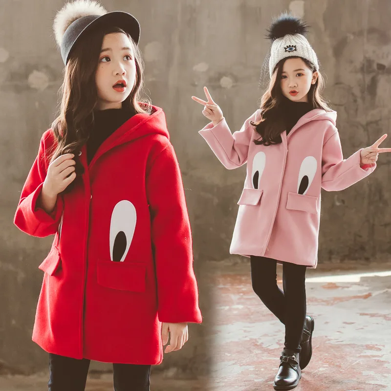 Girls Woolen Coat Long Winter Jackets For Girls Eye pattern Thick Kids Outerwear Autumn Teenage Girls Christmas Clothes 4-14 Y