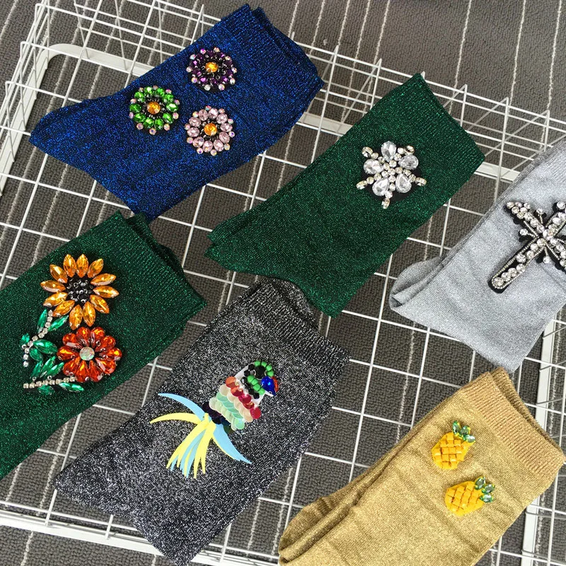 

Женские летние носки с цветами и драгоценными камнями, носки ручной работы с перекрестными цветами, ананасами, фруктами, зимние хлопковые однотонные блестящие носки Стразы с кристаллами