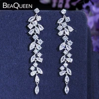 beaqueen luxury marquise cubic zircon long leaf drop dangling earrings elegant bridal wedding statement jewelry accessories e299