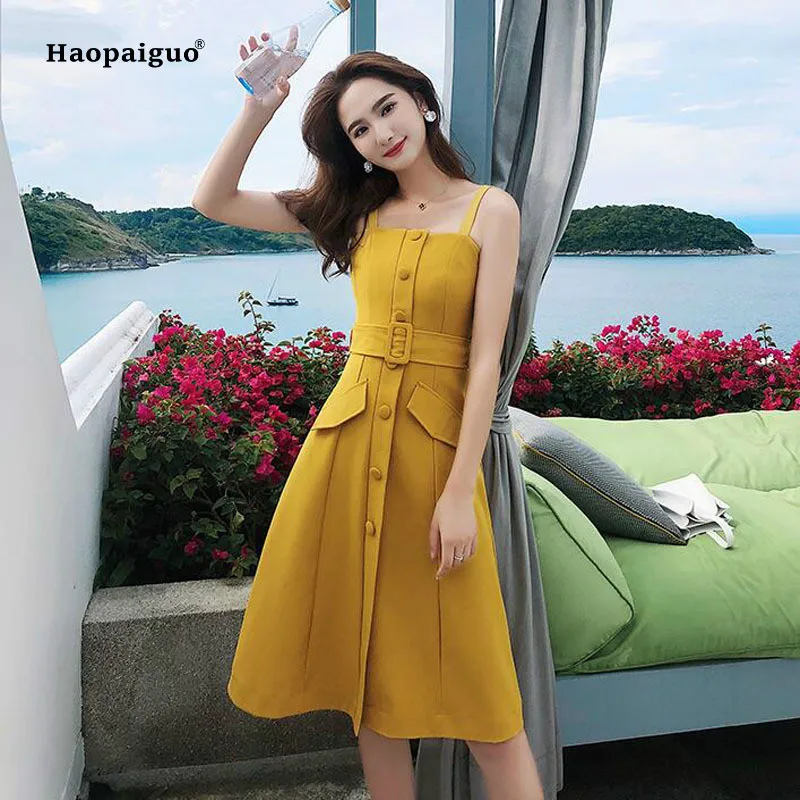 

Plus Size A-line Dress 2019 Summer Women Yellow Black Sleeveless Strapless Spaghetti Strap Casual Midi Dress Beach Party Dresses