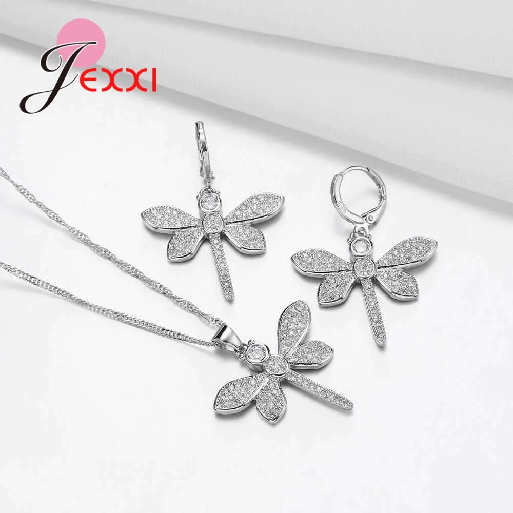 

Birthday Day Gift 925 Sterling Silver Top Quality Cubic Zircon Dragonfly Necklace Earrings Jewelry Set for Women Bijoux